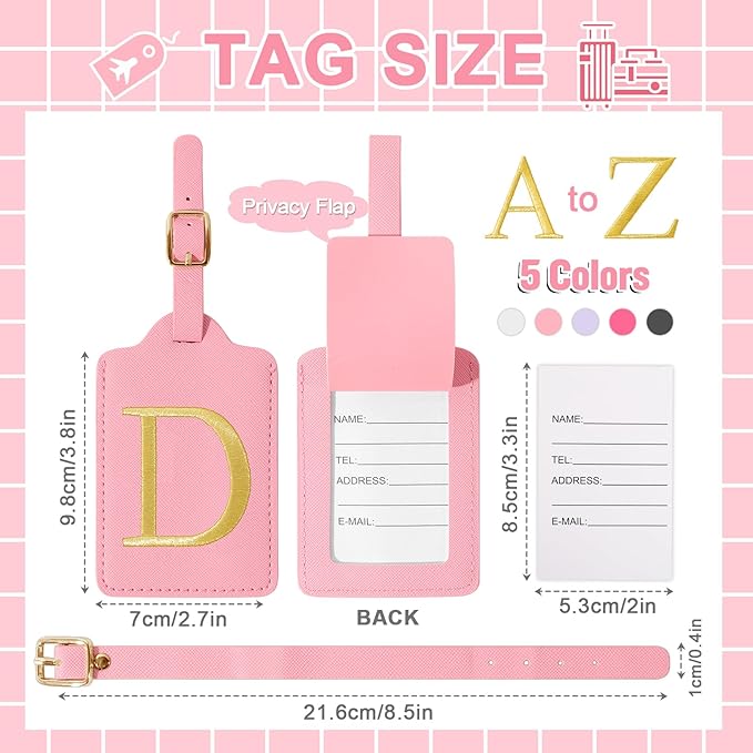 Personalized Initial Luggage Tags for Suitcase, Pink Leather Cute Luggage Tags with Privacy Cover Name Card, Embroidered Custom Monogrammed Luggage Tag Travel Bag Baggage Tags Gifts for Women Kids(D)