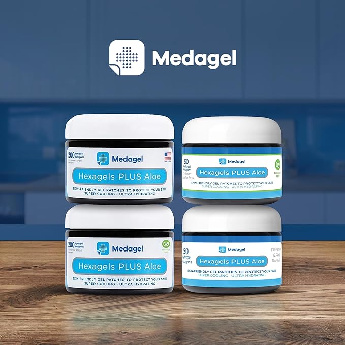 Hexagels Plus Aloe Vera - Advanced Healing Hydrogel Pads for Blister Prevention & Soothing Burn Care - Foot, Heel, Toe, & Ankle Protection, Pack of 200, 1-Inch Patches, by Medagel, Paraben Free
