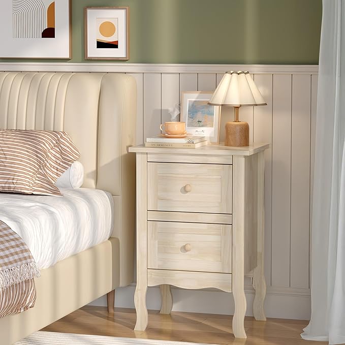 VINGLI Unfinished Solid Wood Nightstand for Color DIY, Small Nightstand for Bedroom, Natural Wood Night Stand with Drawers, Light Wood Night Stand, Real Wooden Bed Side Table/End Table