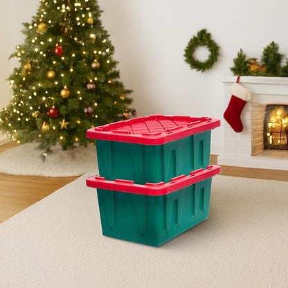 HOMZ 2-Pack Durabilt, Heavy Duty Plastic Storage Bins with Lids, 15 Gallon, Green/Red - Stackable Container Boxes for Holiday, Attic, and Garage Organization