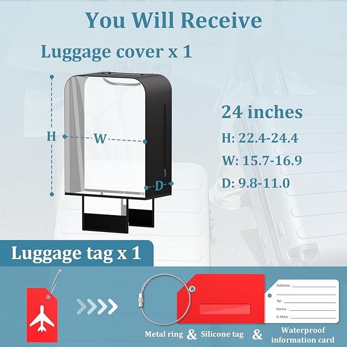 Upgraded Transparent TPU Luggage Cover Protector with Black Stretchable Sides, Fit 24 Inch Wheeled Case TSA Approved, Waterproof & Anti-Scratch, Includes Free Red Luggage Tag