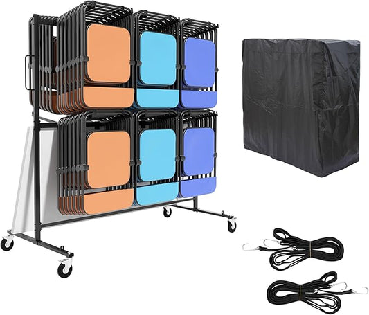 Folding Chair Rack with Wheels, Folding Chair Cart for 84 Chairs or 12 Tables,Heavy Duty Steel Holder, Rolling Storage Rack Dolly, Chair Storage Holder W/Elastic Cords,Dust Cover (Double Layer)