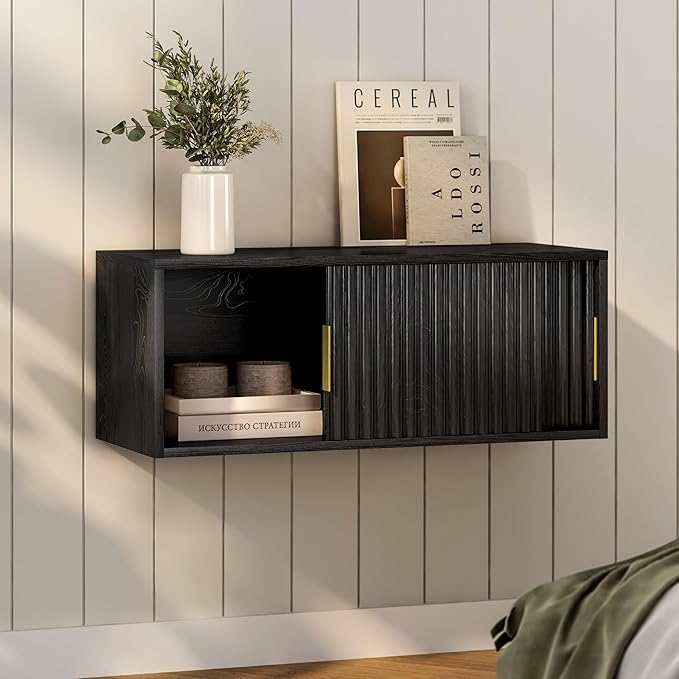 Large Floating TV Stands Set of 2, Modern Fluted Nightstands Wall Mounted Bedside Table Storage Cabinet with Sliding Doors for Living Room, Bedroom Black