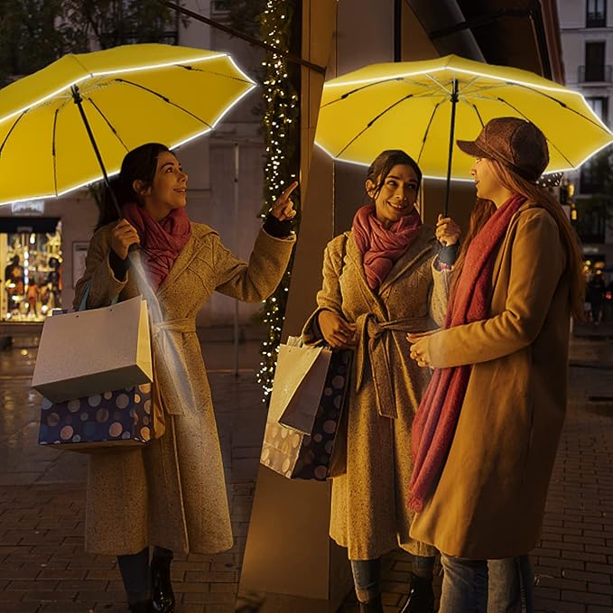 Lejorain Automatic Folding Umbrella Inverted - Upside Down Yellow Windproof Umbrella LED Flashlight Handle With Reflective Strip