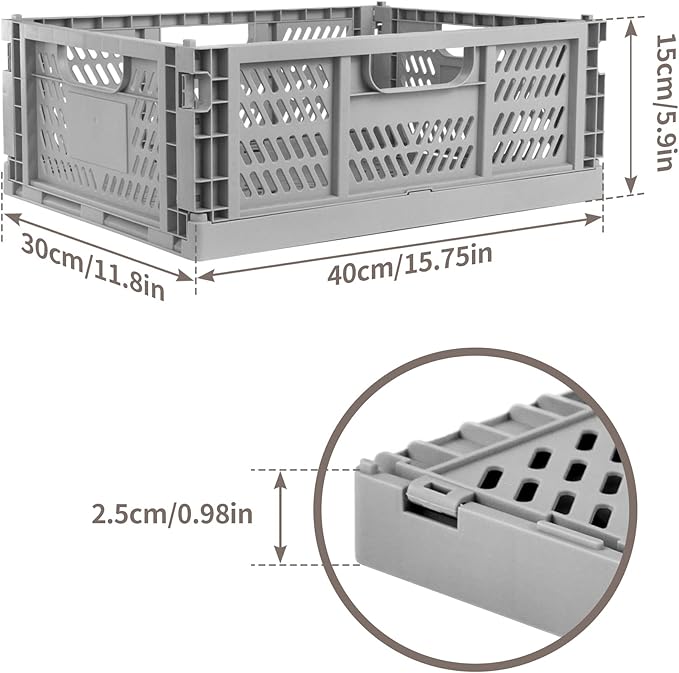 Domiella 2-Pack Crates for Storage, Storage Crates Plastic Stackable, Foldable Crate for Office Home Kitchen Bedroom Bathroom (Large, Gray)