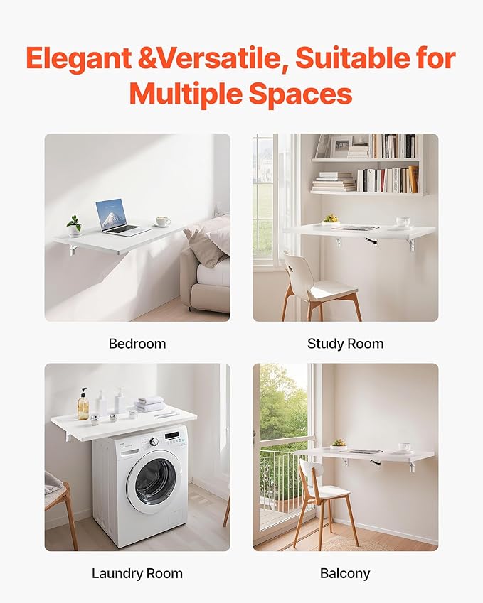 VEVOR Wall Mounted Folding Table, 35.4 x 19.7 inches Wall Mount Table, Floating Desk with Iron Bracket for Small Spaces, Home Office, Dining, Laundry Room, Kitchen, Bar, White