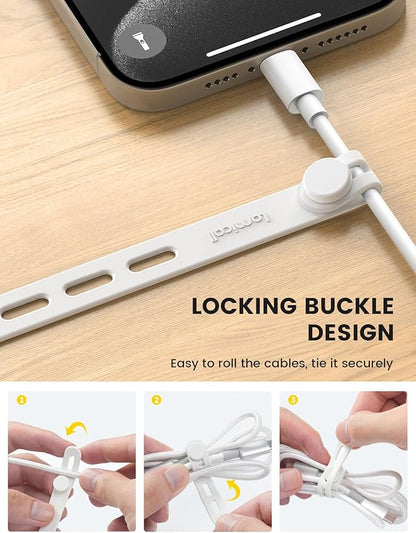 10Pack Silicone Cable Ties Cord Organizer - Lamicall Elastic Wire Ties Management, Travel Must Haves, Halloween Desk Home Office Workspace Accessories, Dorm Room Essentials, White Cable Keeper