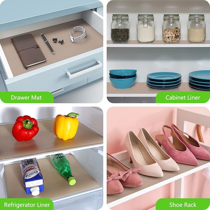 Beige Shelf Liners for Kitchen Cabinets Non Adhesive Drawer Liner for Bathroom Waterproof Refrigerator Liners for Shelves Fridge Plastic Mats Cabinet Cupboard Liner 17.5 x 157.4 Inches