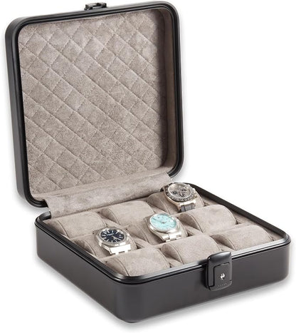 Bey-Berk Personalized Prague Aluminum 9-Slot Watch Case (Matte Black), Locking Travel Metal Watch Box with Quilted Interior, 9.75" x 3" x 10.25"