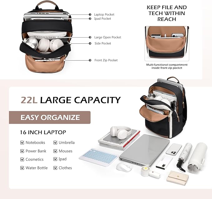 Laptop Backpack for Women Travel Carry On Bag Weekender Business Multilayer Personal Item Backpack,16 Inch,WBlack