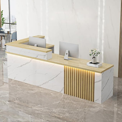 Receptionist Desk with LED Light，Wooden Salon Checkout Counter with Storage Drawer & Keyboard Tray Modern L-Shaped Reception Desk for Barbershop Office Company Store