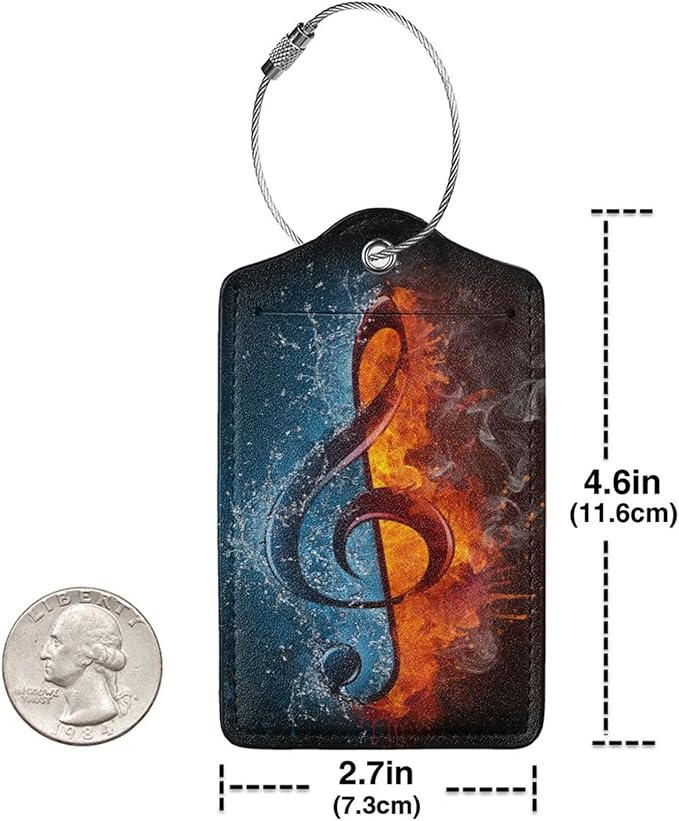 2 Pack Luggage Tags for suitcases Funny Music Water fire Luggage Tag, Leather Stainless Steel Loop Label Tag for Men Women Travel Bag Suitcase(Music Water fire)