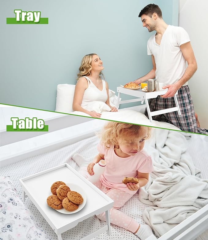 Bed Tray Table with Folding Legs, Bamboo Breakfast in Bed for Kitchen Serving Tray, Sofa, Eating, Used As Laptop Desk Snack Tray (4 Pack, White Color)