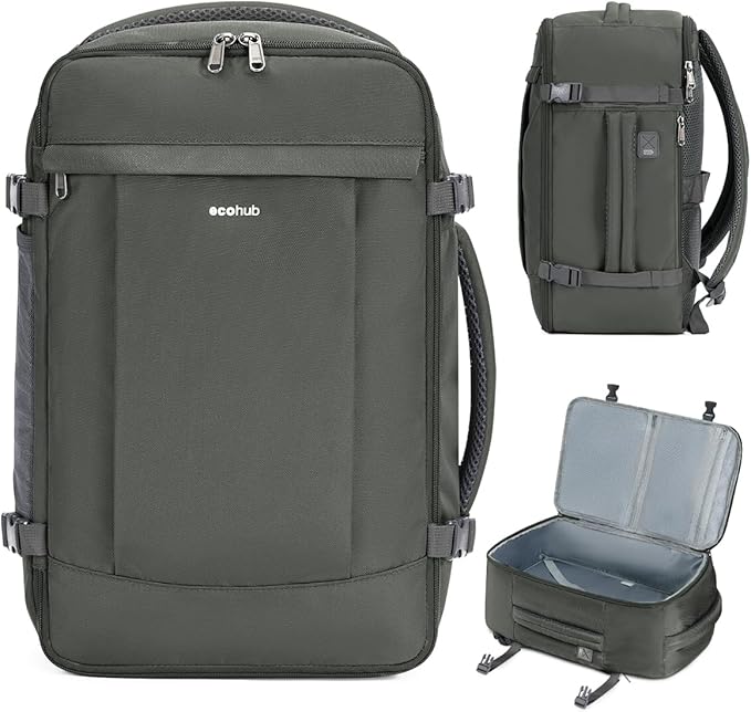 ECOHUB Travel Backpack for Men Women, Carry on Backpack with USB Charging Hole, Spirit Airlines Personal Item Bag Flight Approved, 15.6 Inch Laptop Backpack with Anti Theft Pockets, 30L, Grey Green