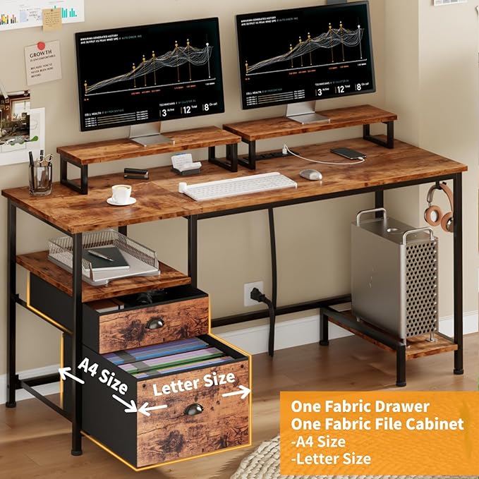 Furologee 55" Computer Desk with File Cabinet and Power Outlets, Home Office Desk with 2 Movable Monitor Stands and Storage Drawer, Writing Table with Shelves and 2 Hooks for Bedroom, Rustic Brown