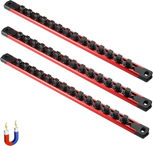 ALOANES 3-Piece Magnetic Tool Organizer, Heavy Duty Aluminum Rails, 360 Swivel Socket Holder Kit with 42 Clips (Red, 3/8-Inch)