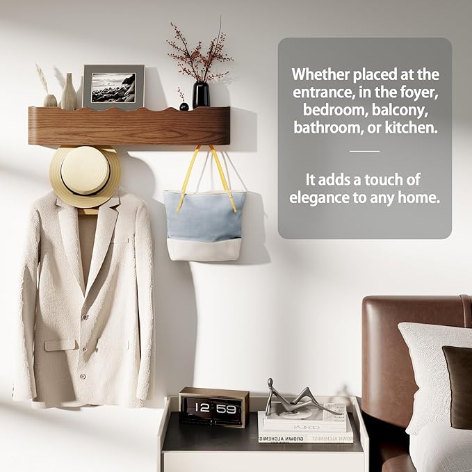 Coat Rack Wall Mount with Shelf 4 Hidden Hooks Modern Wooden Key Holder Entryway Organizer for Hallway Bedroom Bathroom Home Decor Storage for Hanging Coats Hats Bags Towels, Wave-Shape Walnut