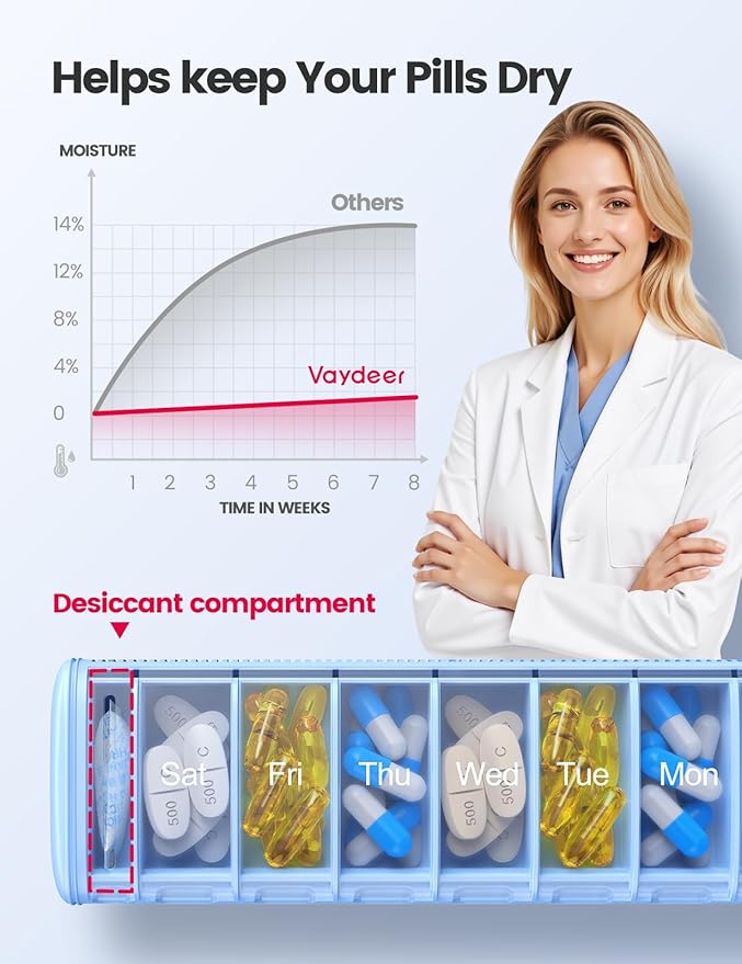Vaydeer Metal Travel Pill Organizer, 7 Day Weekly Pill Box, Large Capacity Daily Cute Pill Case for Supplements, Pills, Vitamins and Medication (Small,Gunmetal)