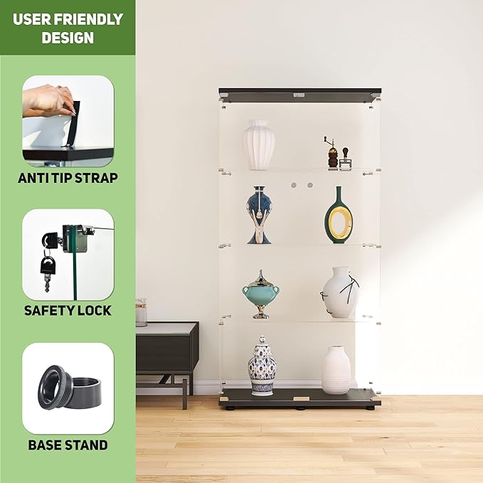 Beauty4U Glass Display Cabinet with 4 Shelves, 2 Doors Curio Cabinets for Living Room, Bedroom, Office, Black Floor Standing Glass Bookshelf, Quick Installation