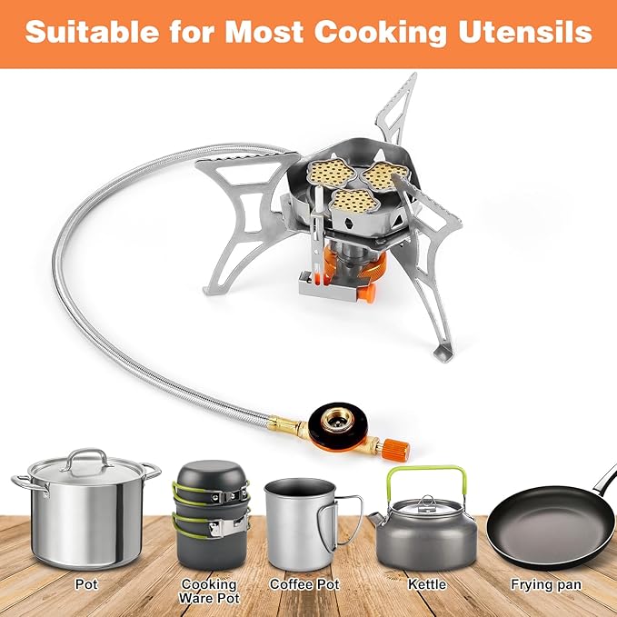 WADEO 6800W Windproof Camping Stove, Backpacking Stove with Piezo Ignition and Fuel Canister Adapters, Camping Gas Stove for Outdoor Backpacking Hiking and Picnic