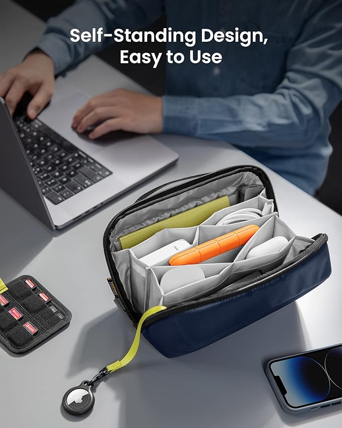 tomtoc Electronic Organizer Accessory Tech Pouch for MacBook Charger, Cables, Power Bank, Hard Drive, Cords, Water-resistant Storage Bag with Removable Card Slots for USB Adapter, Memory Card, Blue