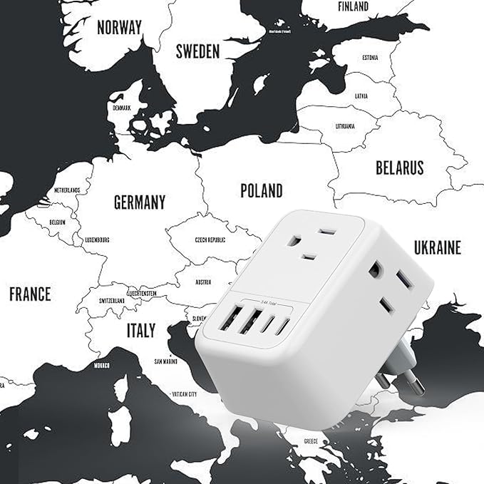 International Travel Adapter, Europe Travel Adapter with USB, Universal Travel Adapter (3 USB A & 1 Type-C) for The US to Most of Europe Iceland Spain Italy France Germany (Type E/F)