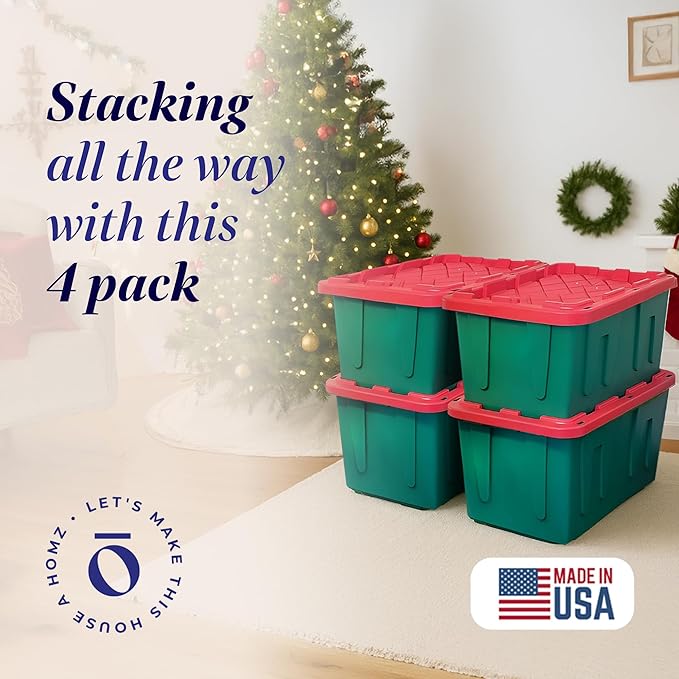 HOMZ 4-Pack Durabilt, Heavy Duty Plastic Storage Bins with Lids, 27 Gallon, Red/Green - Stackable Container Boxes for Holiday, Attic, and Garage Organization