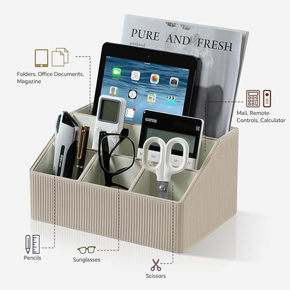 Remote Control Holder with 5 Compartments for Office Art Supplies, PU Leather Nightstand Organizer Pencil Pen Desk Caddy for Home, Desktop TV Remote Control Organizer Storage (Striped Beige)