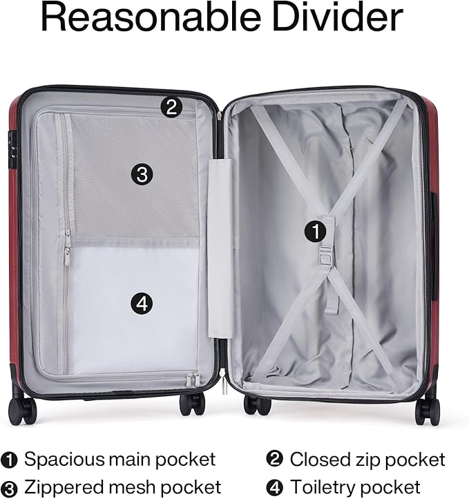 Hanke 24 Inch Expandable Checked Luggage Lightweight PC Hard Case Luggage Suitcases with Wheels TSA Luggage Rolling Large Suitcase Travel Luggage Bag for Go to University(Burgundy)