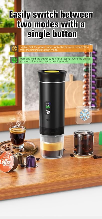 Portable Electric Coffee Maker, Digital Display, Compatible with Coffee Pods,Rechargeable Coffee Machine for Travel, Camping, RV,Home,Office (black)