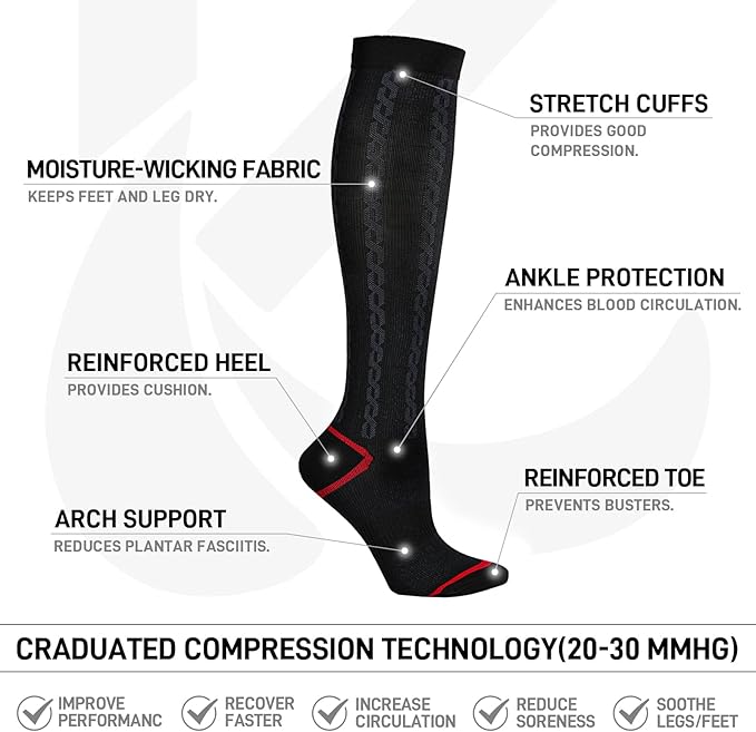 Kickticks 4 Pairs Compression Socks for Woman & Man Unisex 20-30mmHg Knee high Plus Size Wide Calves for Flying Running…