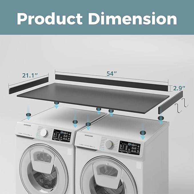 Washer Dryer Countertop, Wood Countertop with Edge Rails for Laundry Room Organization and Storage, Washer Dryer Topper for Laundry Room, 27.5" x 54" (Black)