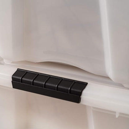 IRIS USA 32 Qt Stackable Plastic Storage Bins with Lids, 4 Pack - BPA-Free, Made in USA - Discreet Organizing Solution, Latches, Durable Nestable Containers, Secure Pull Handle - Pearl