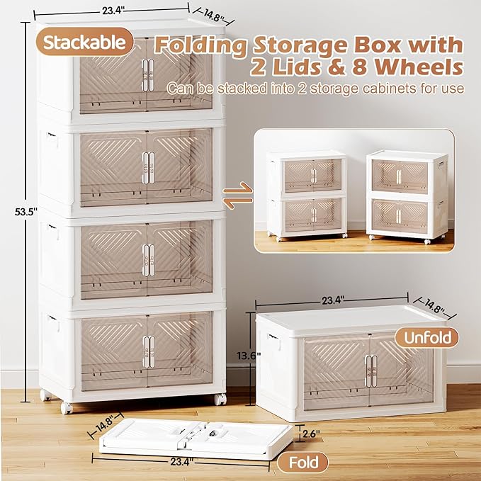 Storage Bins with Lid 76QT, Stackable Storage Containers with Wheels and Magnetic Doors, Plastic Clothes Closet Organizers and Storage Box for Home and Office (4 Pack)