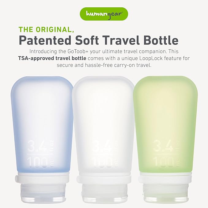 humangear GoToob+ 3-Pack (Large) | Refillable Silicone Travel Bottle | Locking Lid | Food-Safe Material, Clear/Green/Blue, Large (3.4 fl.oz.; 100ml)