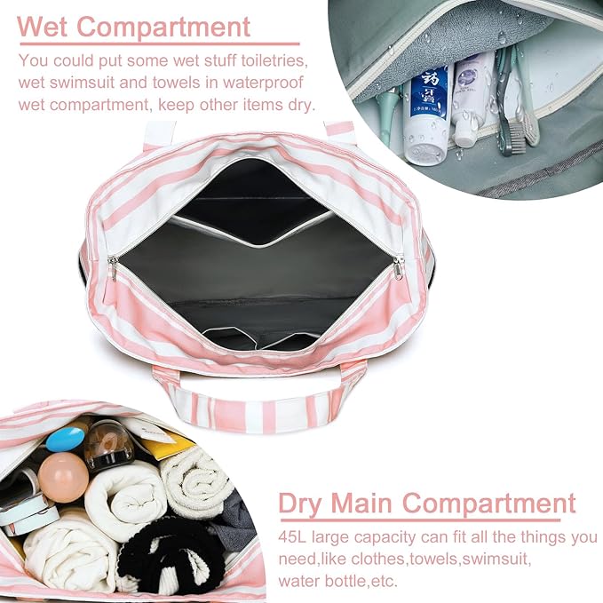 LEDAOU Beach Bag Waterproof Sandproof Women Tote Bag Pool Bag with Zipper for Gym Grocery Travel with Wet Pocket