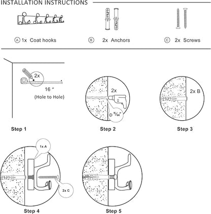 SKOLOO 24-Inch Wood Burnt Coat Rack Wall Mount with 5 Triple Hooks - Ideal for Family Entrances, Classrooms, and Pet Supplies Storage - Perfect Coat Hooks for Wall