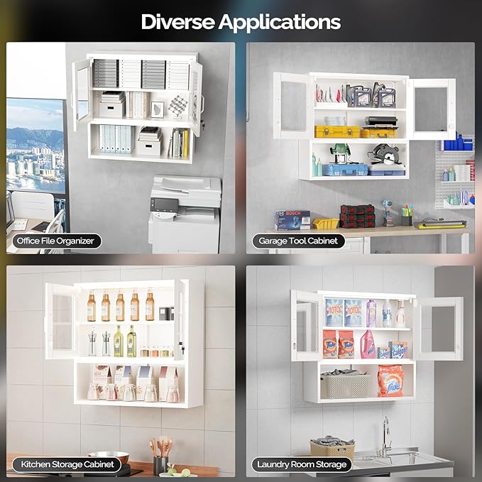 VINGLI Metal Wall Cabinet with Locking Glass Doors, Adjustable Shelf, Wall Mounted Storage Display Cabinets for Garage, Kitchen, Home Office, Warehouse, Living Room, White