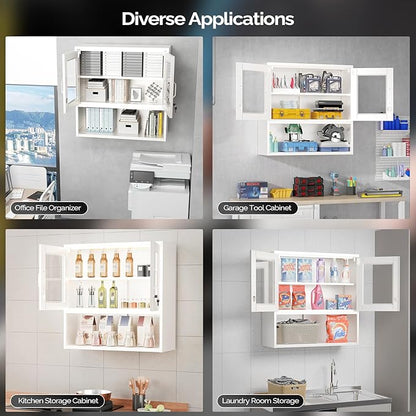 VINGLI Metal Wall Cabinet with Locking Glass Doors, Adjustable Shelf, Wall Mounted Storage Display Cabinets for Garage, Kitchen, Home Office, Warehouse, Living Room, White