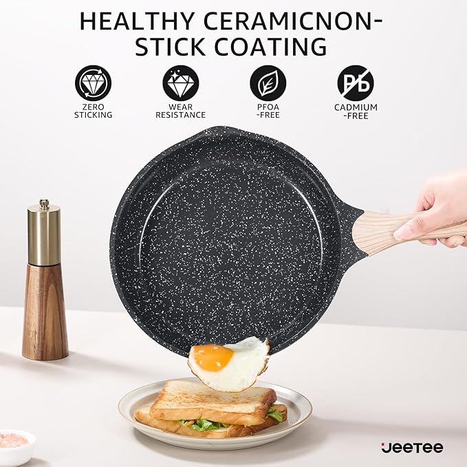 JEETEE 24Pcs Ceramic Cookware Set, Gray Pots and Pans Set Non Stick, Kitchen Healthy Non Toxic Induction Cookware Sets W/Saucepans, Sauté Pan, Griddle, Crepe Pan & Pancake Rake (PFAS,PFOA Free)