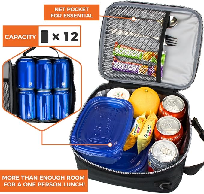opux Insulated Lunch Box for Men Women Adult, Compact Lunch Bag for Kids Boy Girl Teen, Soft Lunch Cooler Bag for Work School, Leakproof Lunchbox Lunch Pail with Clip-on Buckle, Heather Charcoal