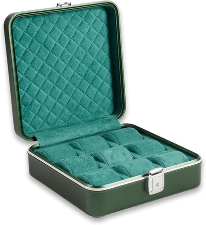 Bey-Berk Personalized Prague Aluminum 9-Slot Watch Case (Hunter Green), Locking Travel Metal Watch Box with Quilted Interior, 9.75" x 3" x 10.25"