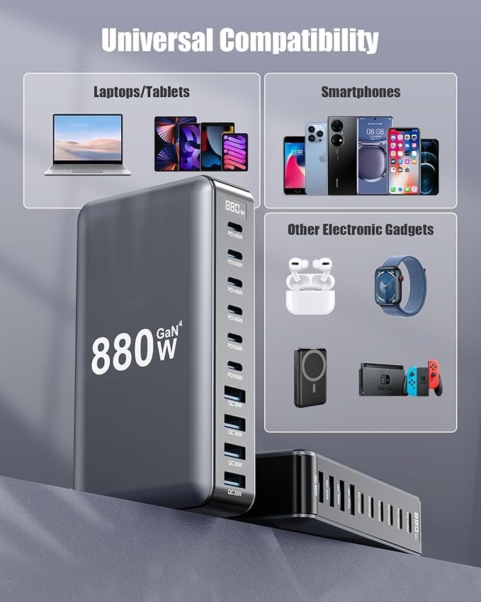 880W USB C Charger Block,8-Port USB C Charging Station GaN IV Travel Essentials Multiple Port Charging Station,100W Laptop Fast Charger Adapter for MacBook Pro/Air,DELL,iPad,iPhone,Samsung Galaxy