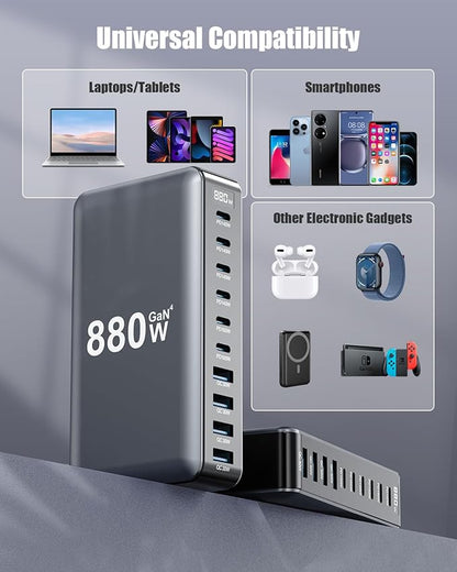 880W USB C Charger Block,8-Port USB C Charging Station GaN IV Travel Essentials Multiple Port Charging Station,100W Laptop Fast Charger Adapter for MacBook Pro/Air,DELL,iPad,iPhone,Samsung Galaxy