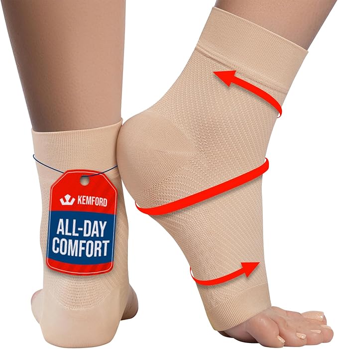 KEMFORD Ankle Compression Sleeve - 2-Pack, Plantar Fasciitis Braces - Open Toe Compression Socks for Swelling, Sprain, Neuropathy, Foot Arch Support for Men and Women - 20-30mmhg, M, Beige
