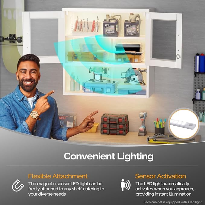 VINGLI Metal Wall Cabinet with Locking Glass Doors & Magnetic LED Sensor Light, Adjustable Shelf, Wall Mounted Storage Display Cabinets for Garage, Kitchen, Home Office, Warehouse, Living Room, White