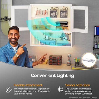 VINGLI Metal Wall Cabinet with Locking Glass Doors & Magnetic LED Sensor Light, Adjustable Shelf, Wall Mounted Storage Display Cabinets for Garage, Kitchen, Home Office, Warehouse, Living Room, White