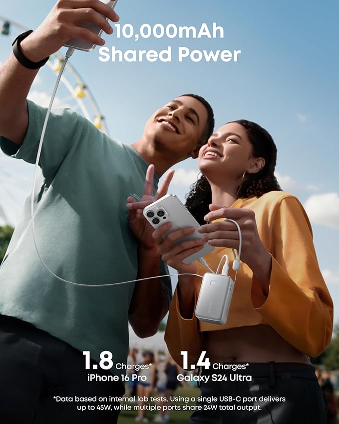 Anker Nano Power Bank, 10,000mAh Portable Charger with 2.3 ft InstaCord Retractable Cable, 45W Max Compact Battery Pack, Smart Display, for iPhone 16/17 Series, iPad, Galaxy, Pixel, and More