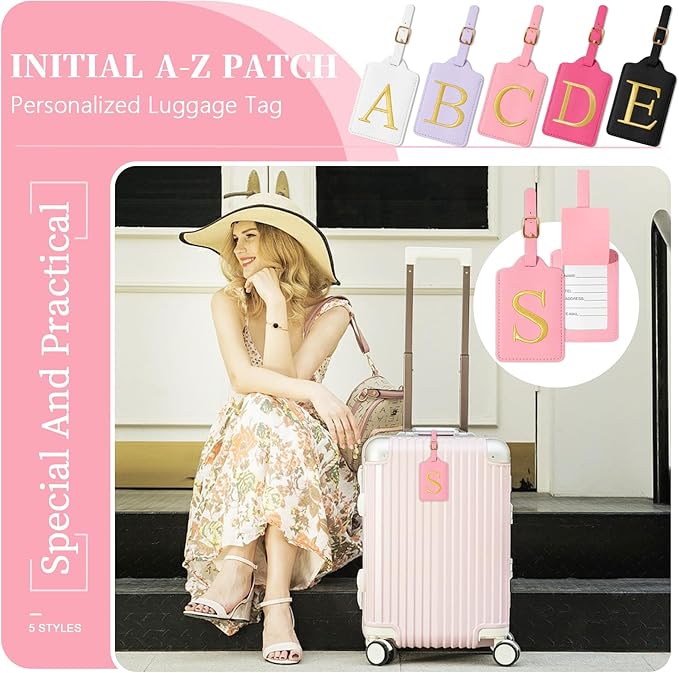 Personalized Initial Luggage Tags for Suitcase, Pink Leather Cute Luggage Tags with Privacy Cover Name Card, Embroidered Custom Monogrammed Luggage Tag Travel Bag Baggage Tags Gifts for Women Kids(S)