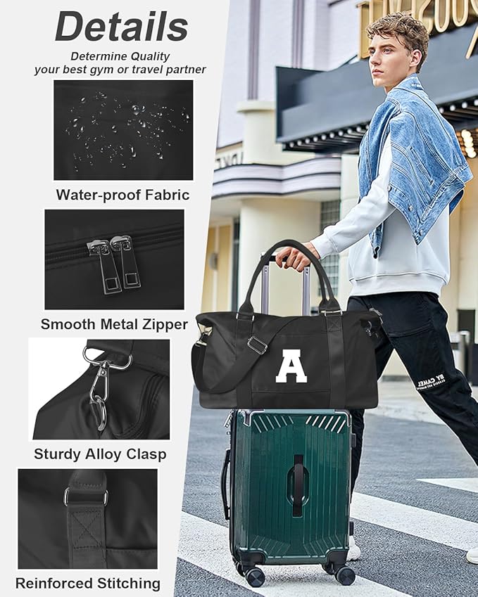 Initial Travel Duffel Bag Sports Gym Bag for Boys Teen Birthday Gifts,Black Personalized Weekender Bag Carry On Tote Bags for Men,Waterproof Overnight Luggage Bag Airplane Travel Essentials(Letter A)